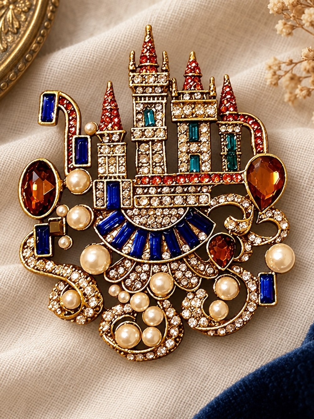 Gold-Tone Multi-Gem Vintage Castle Brooch with Pearls - Elegant Women’s Jewelry